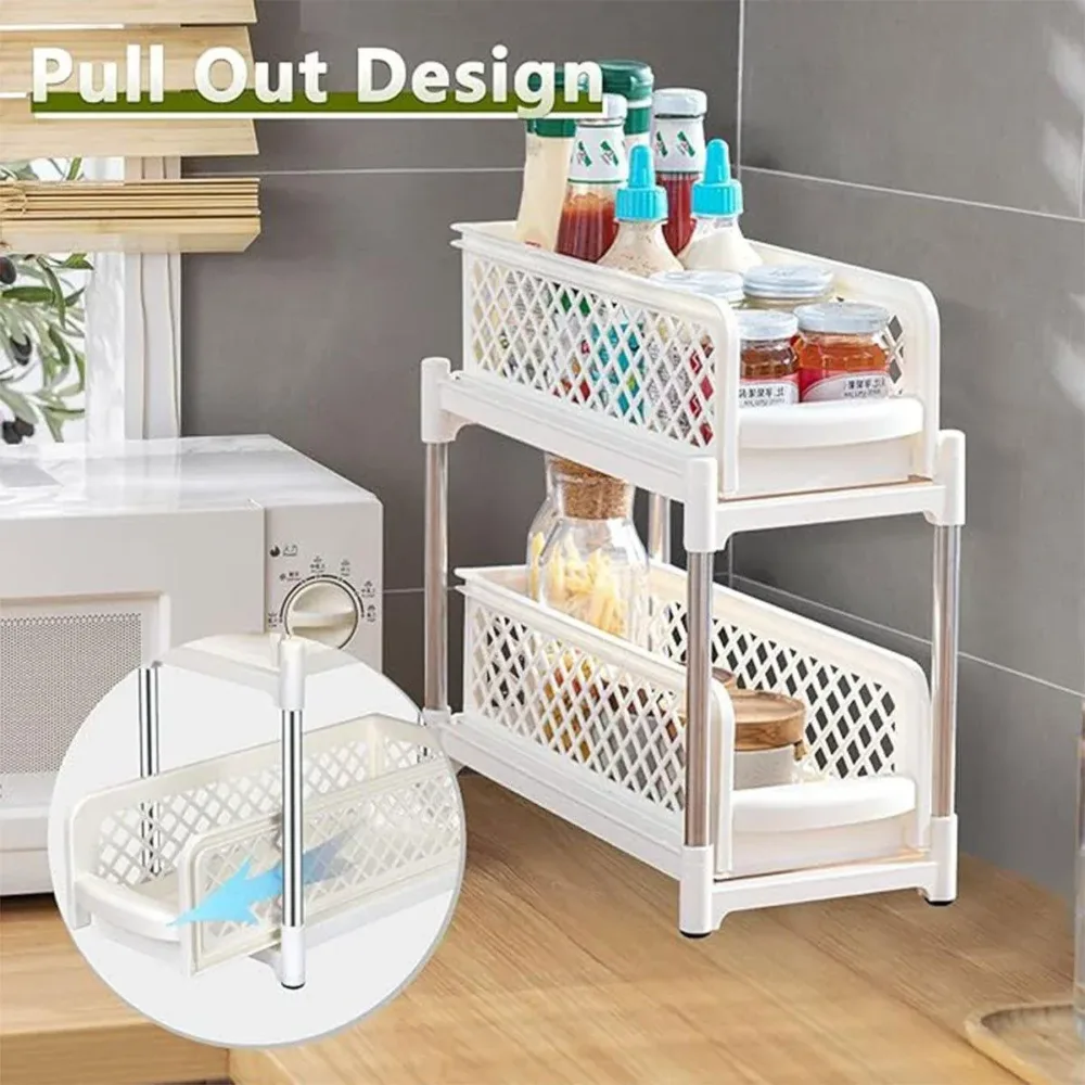 Bathroom Kitchen Sink Storage Rack Drawer Plastic Shelf Seasoning Holder - Grey