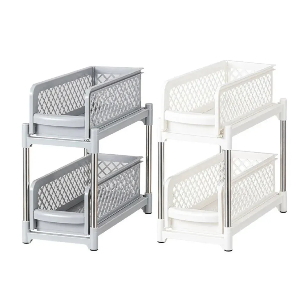 Bathroom Kitchen Sink Storage Rack Drawer Plastic Shelf Seasoning Holder - Grey