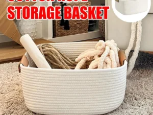 1-Piece White Cotton Rope Storage Basket with Handles
