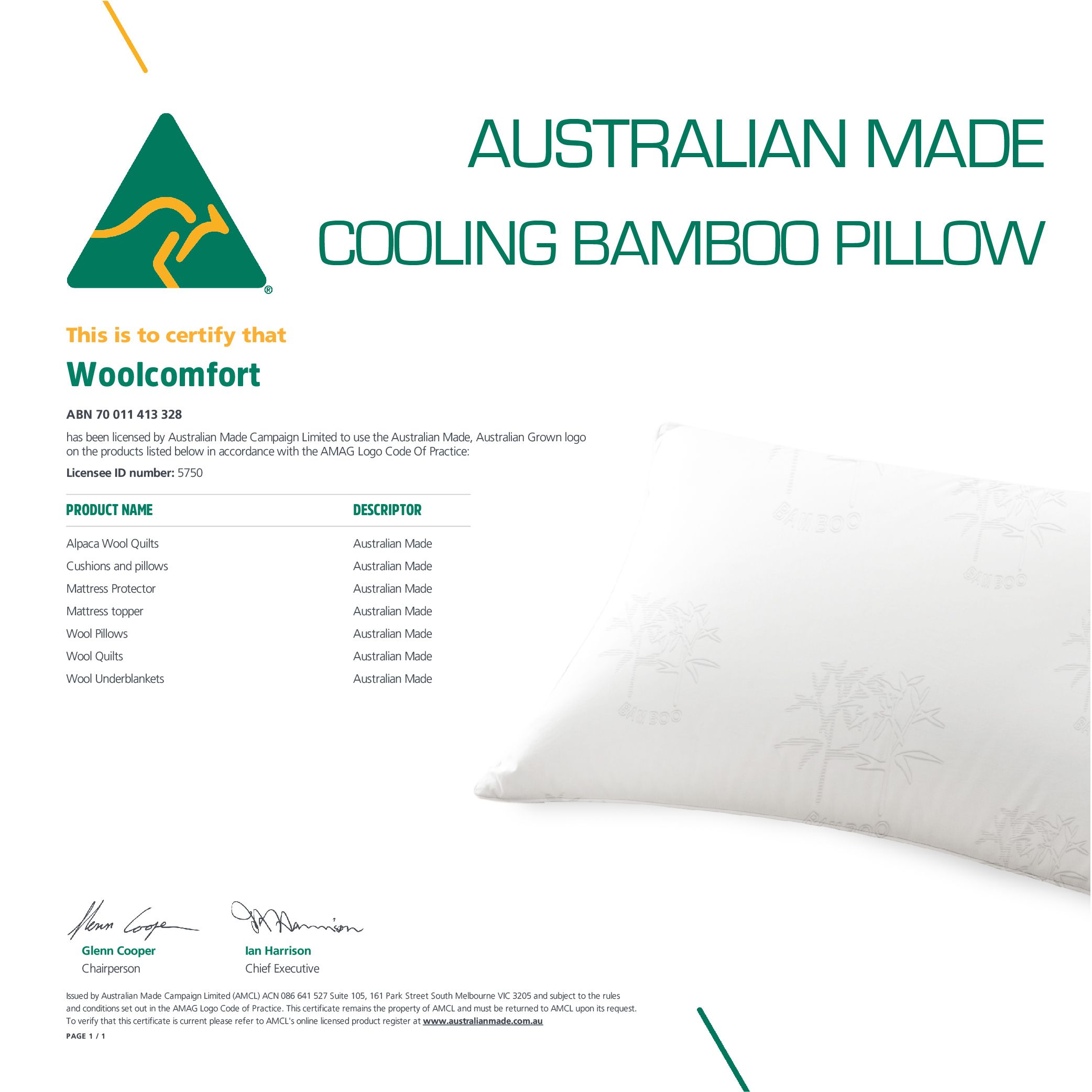 Luxor Australian Made Bamboo Cooling Pillow Standard Size Single Pack