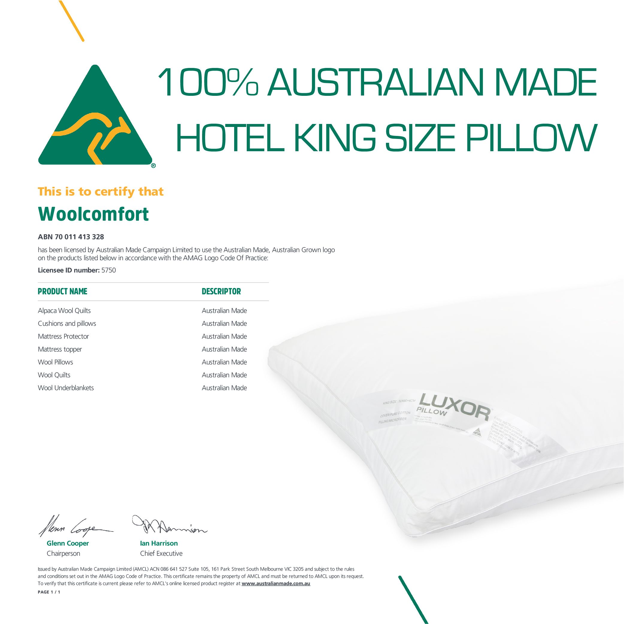 Luxor Australian Made Hotel King Size Pillow with 4cm Wall Single Pack