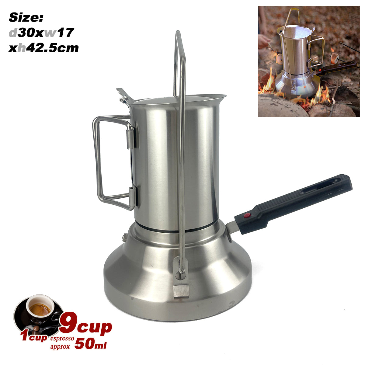 2 In 1 Camping Stainless Steel 9Cup Pot Moka Coffee Maker Italian Espresso