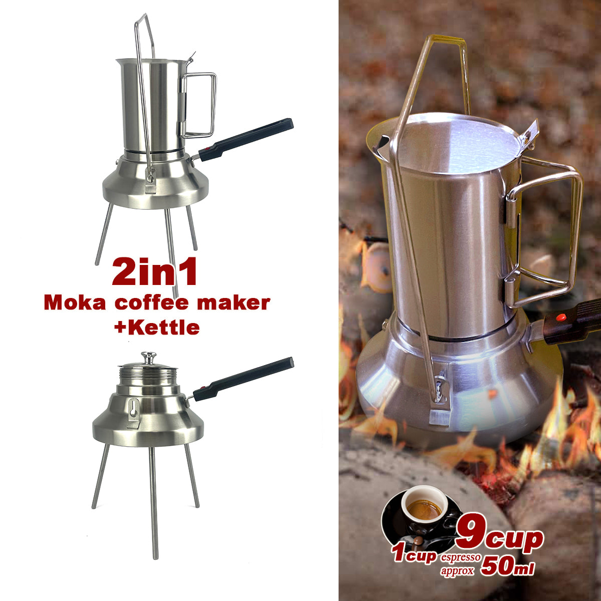 2 In 1 Camping Stainless Steel 9Cup Pot Moka Coffee Maker Italian Espresso