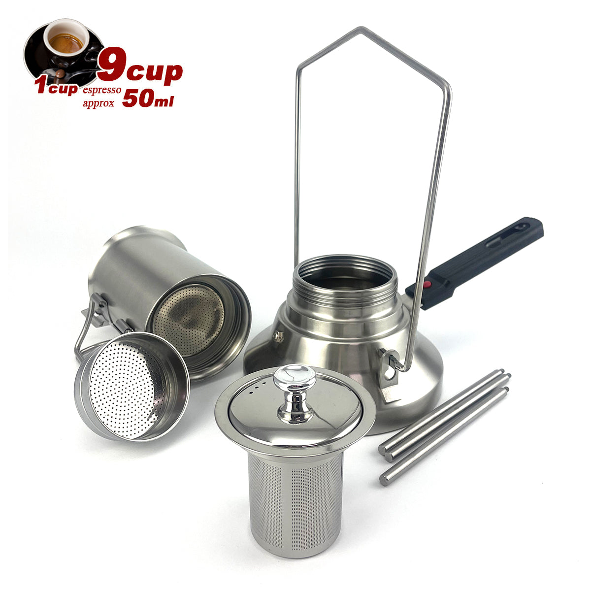 2 In 1 Camping Stainless Steel 9Cup Pot Moka Coffee Maker Italian Espresso