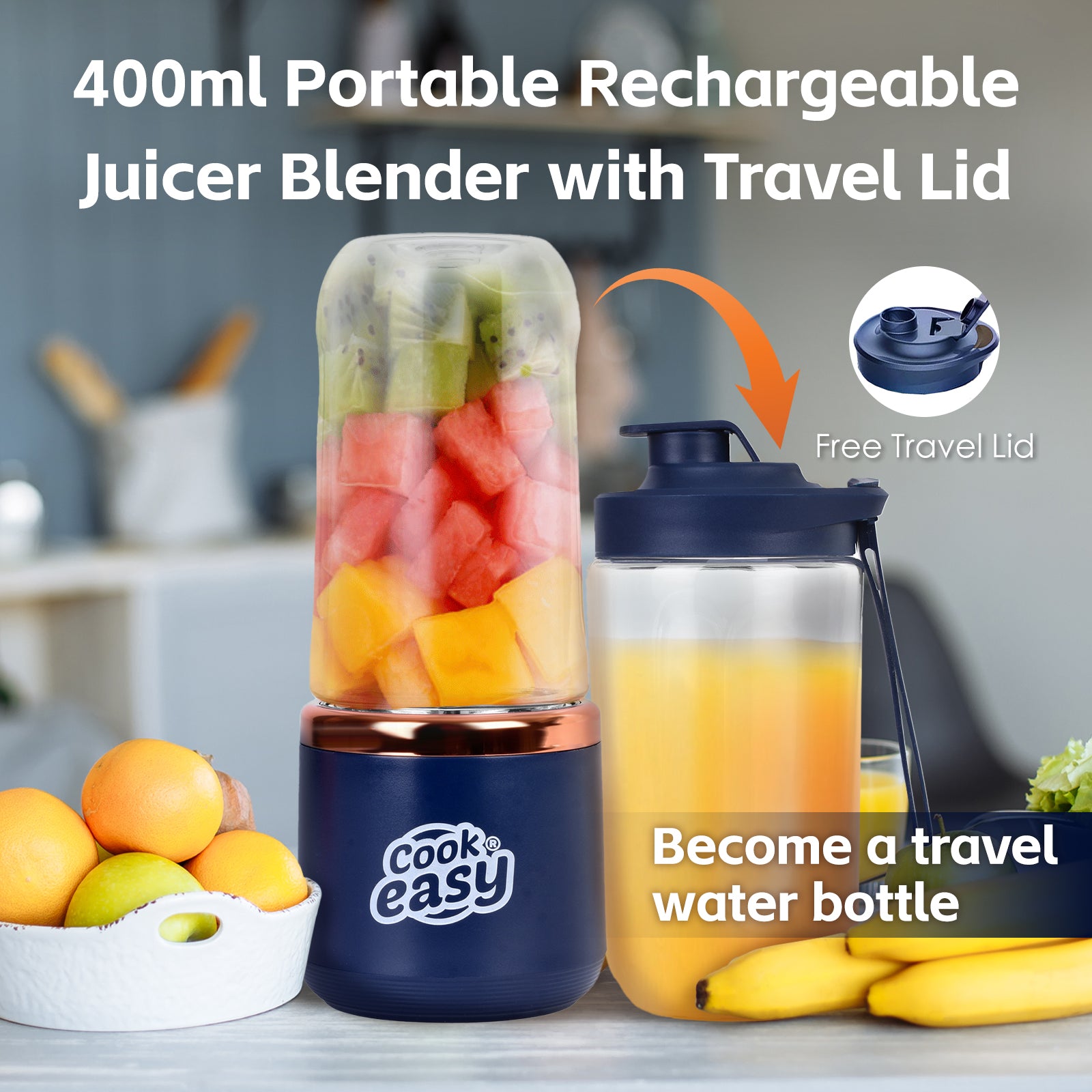 400ml USB-C Rechargeable Portable Juicer w/ Travel Lid – Personal Blender for
