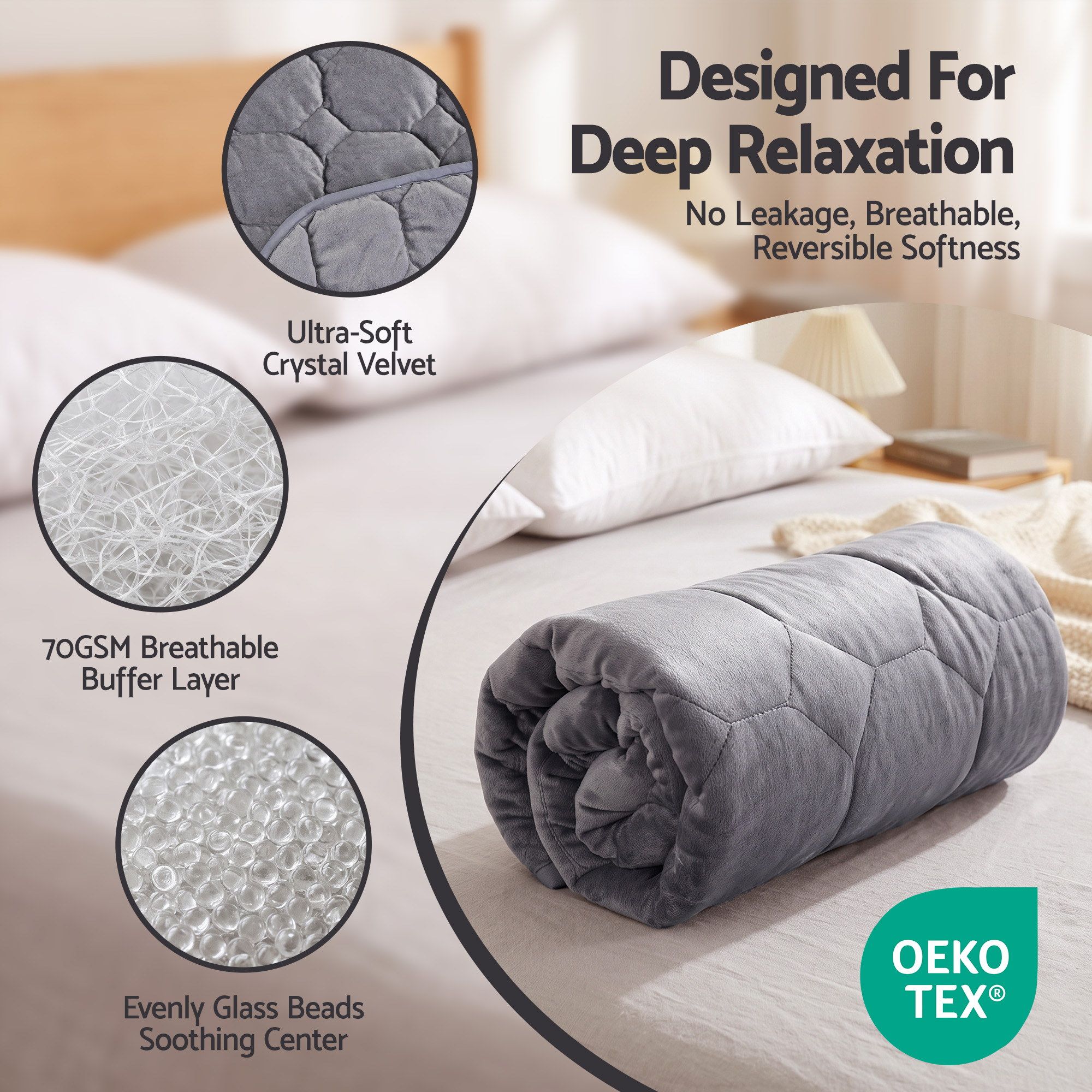 Giselle Weighted Lap Blanket 3.2KG Grey Crystal Velvet Quilted Glass Bead Fill