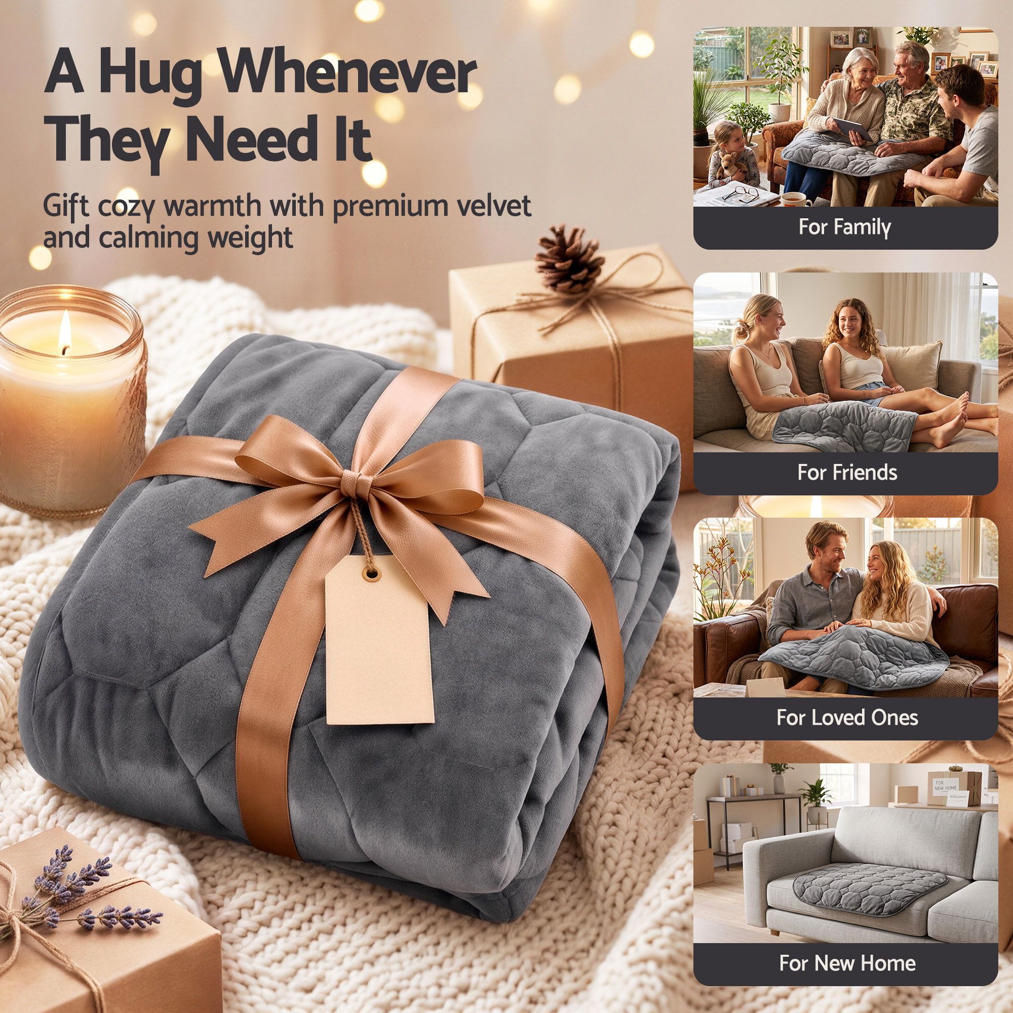Giselle Weighted Lap Blanket 3.2KG Grey Crystal Velvet Quilted Glass Bead Fill