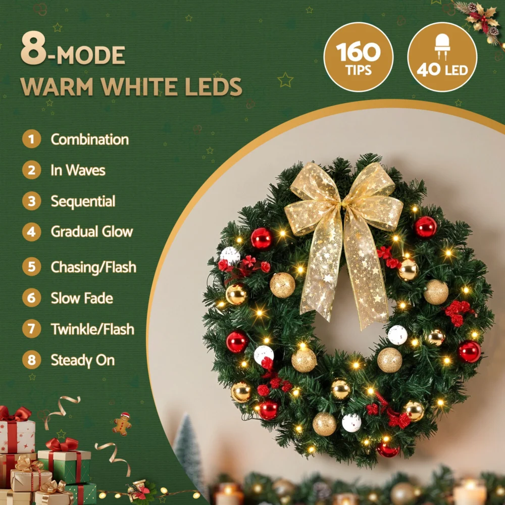 Jingle Jollys Christmas Wreath 60CM LED Garland Berries Bow Baubles Xmas Decor