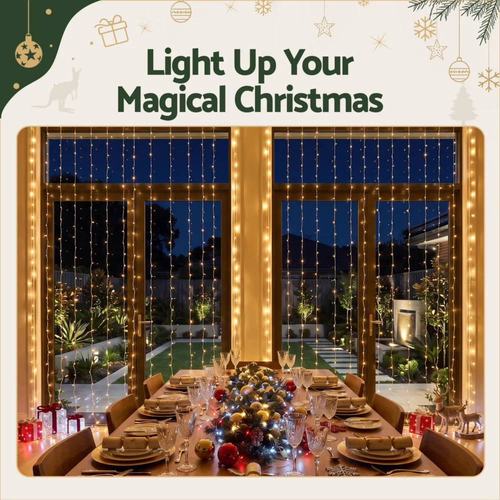 Jingle Jollys 3X3M Christmas Lights Curtain String Light 300 LED Warm White