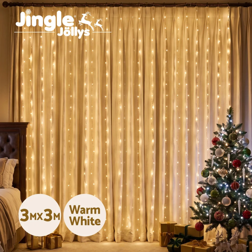 Jingle Jollys 3X3M Christmas Lights Curtain String Light 300 LED Warm White