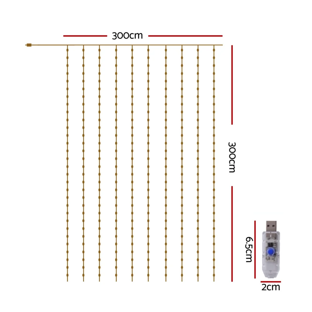 Jingle Jollys 3X3M Christmas Lights Curtain String Light 300 LED Warm White