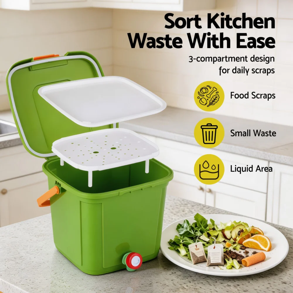Gardeon 15L Kitchen Compost Bin Food Waste Caddy Drain Tap Green