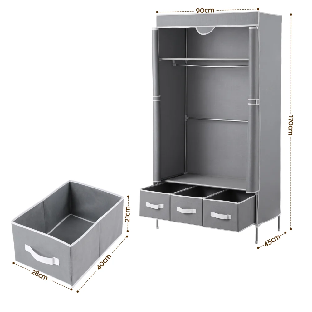 Artiss Large Portable Clothes Closet Wardrobe with Tiebacks Grey
