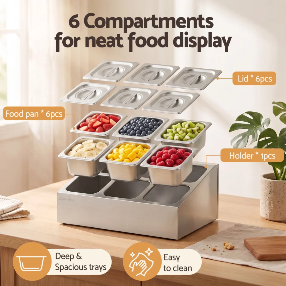 5-Star Chef 6 Pan Food Serving Display Container Stainless Steel Food Container