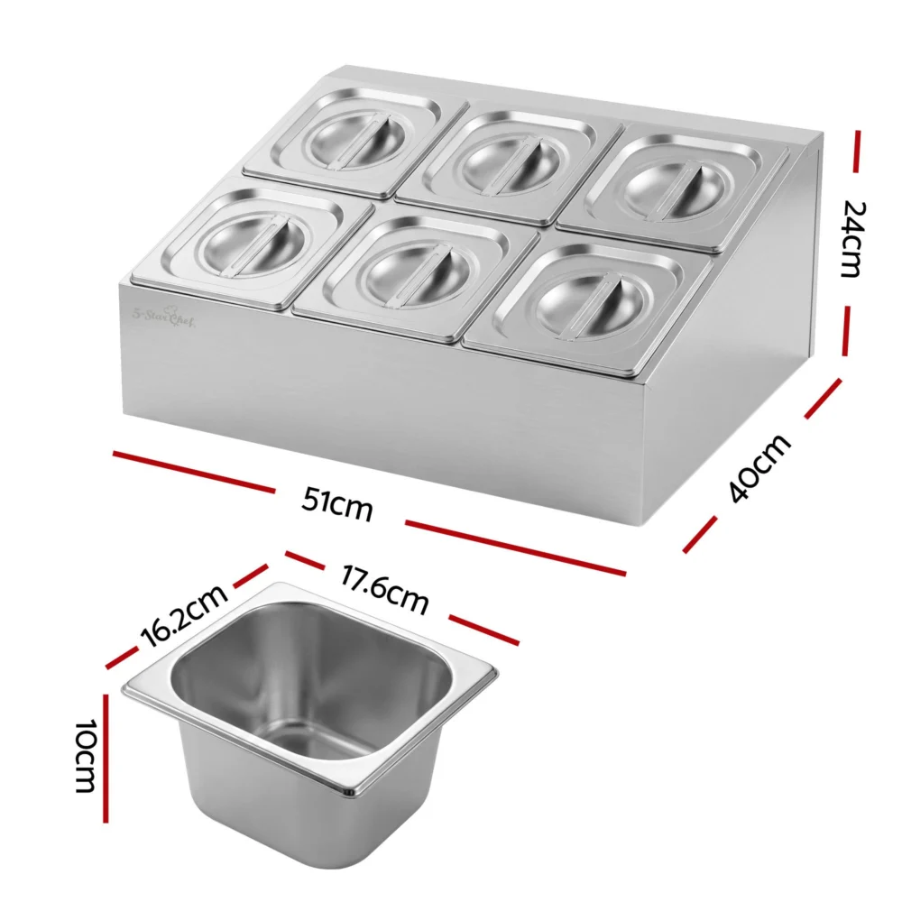 5-Star Chef 6 Pan Food Serving Display Container Stainless Steel Food Container