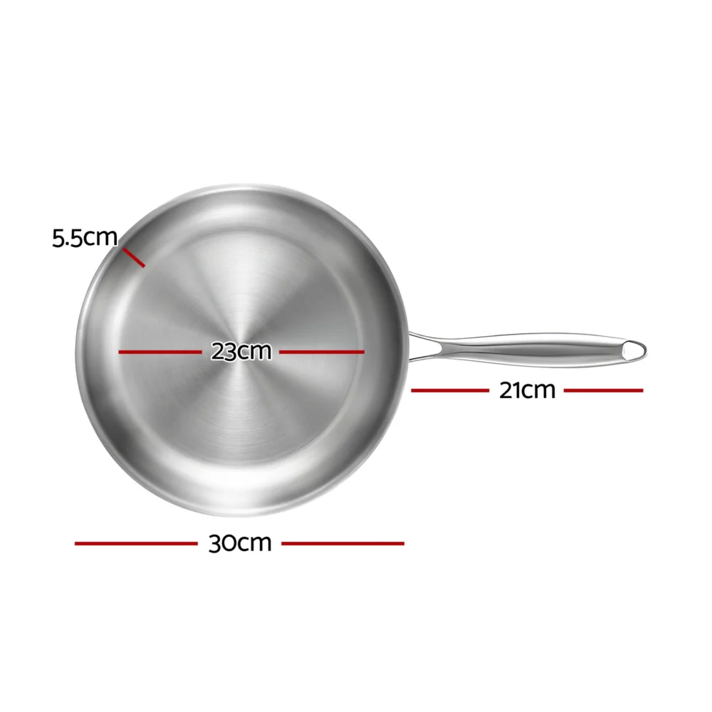 5-Star Chef 30cm Stainless Steel Frying Pan Uncoated Frypan w/ Tri-Ply Body