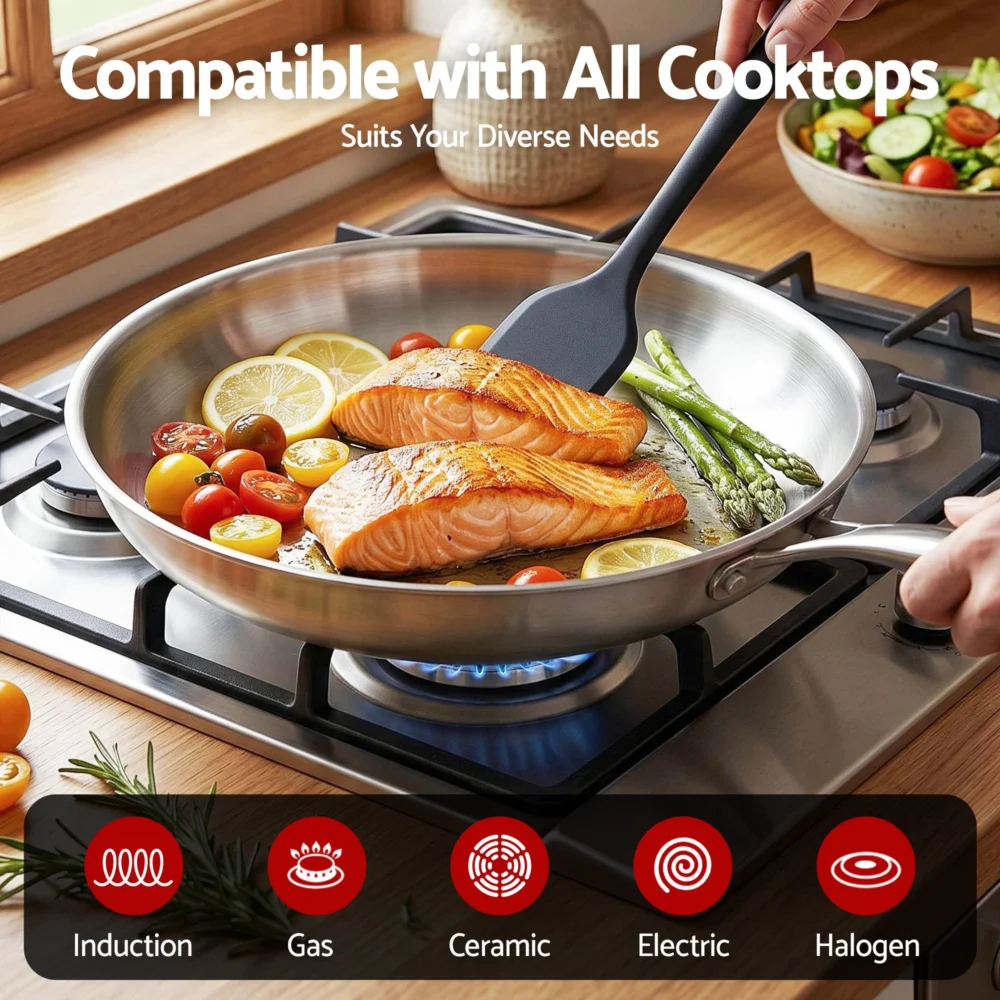 5-Star Chef 30cm Stainless Steel Frying Pan Uncoated Frypan w/ Tri-Ply Body