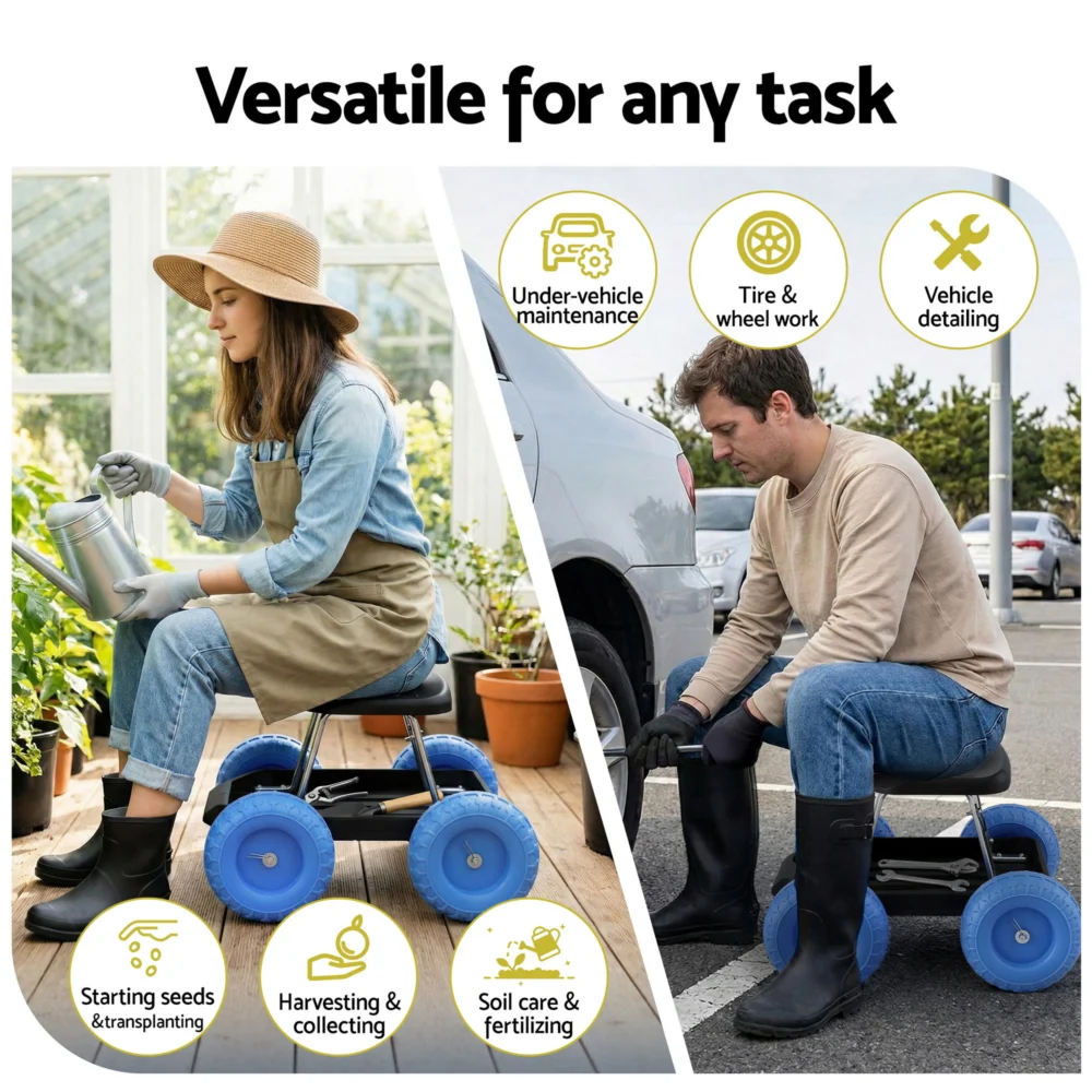 Gardeon Garden Cart Seat w/ Wheels, Rolling Work Stool w/ Tool Storage Tray