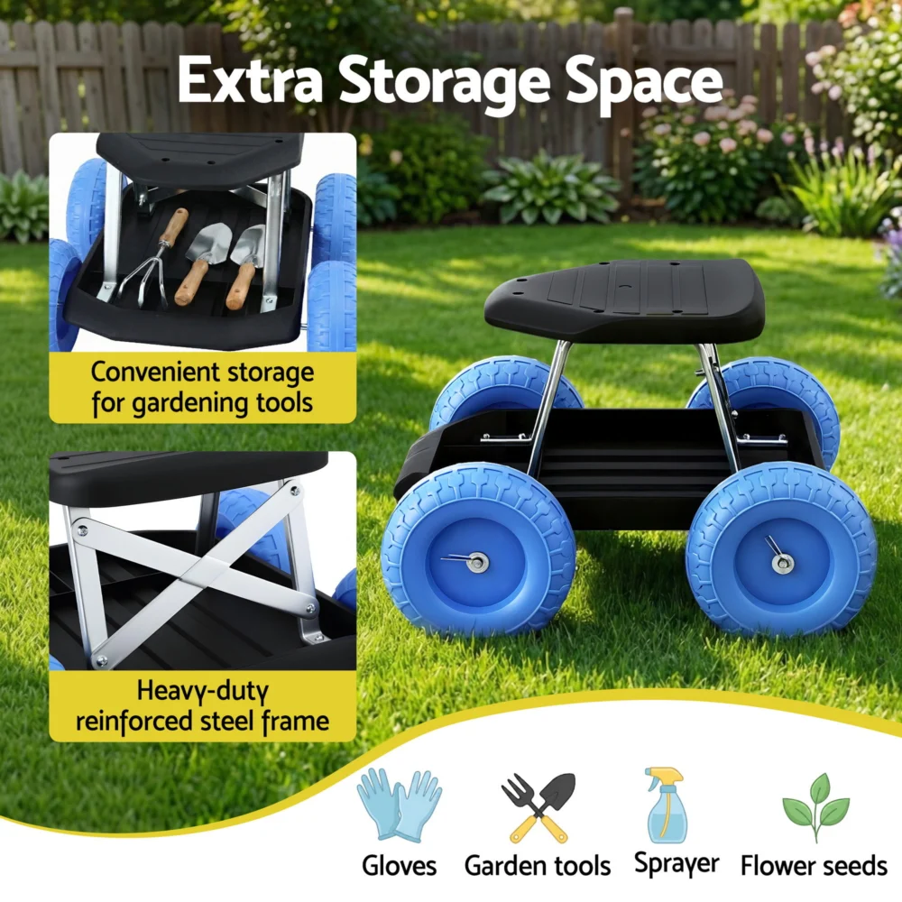 Gardeon Garden Cart Seat w/ Wheels, Rolling Work Stool w/ Tool Storage Tray