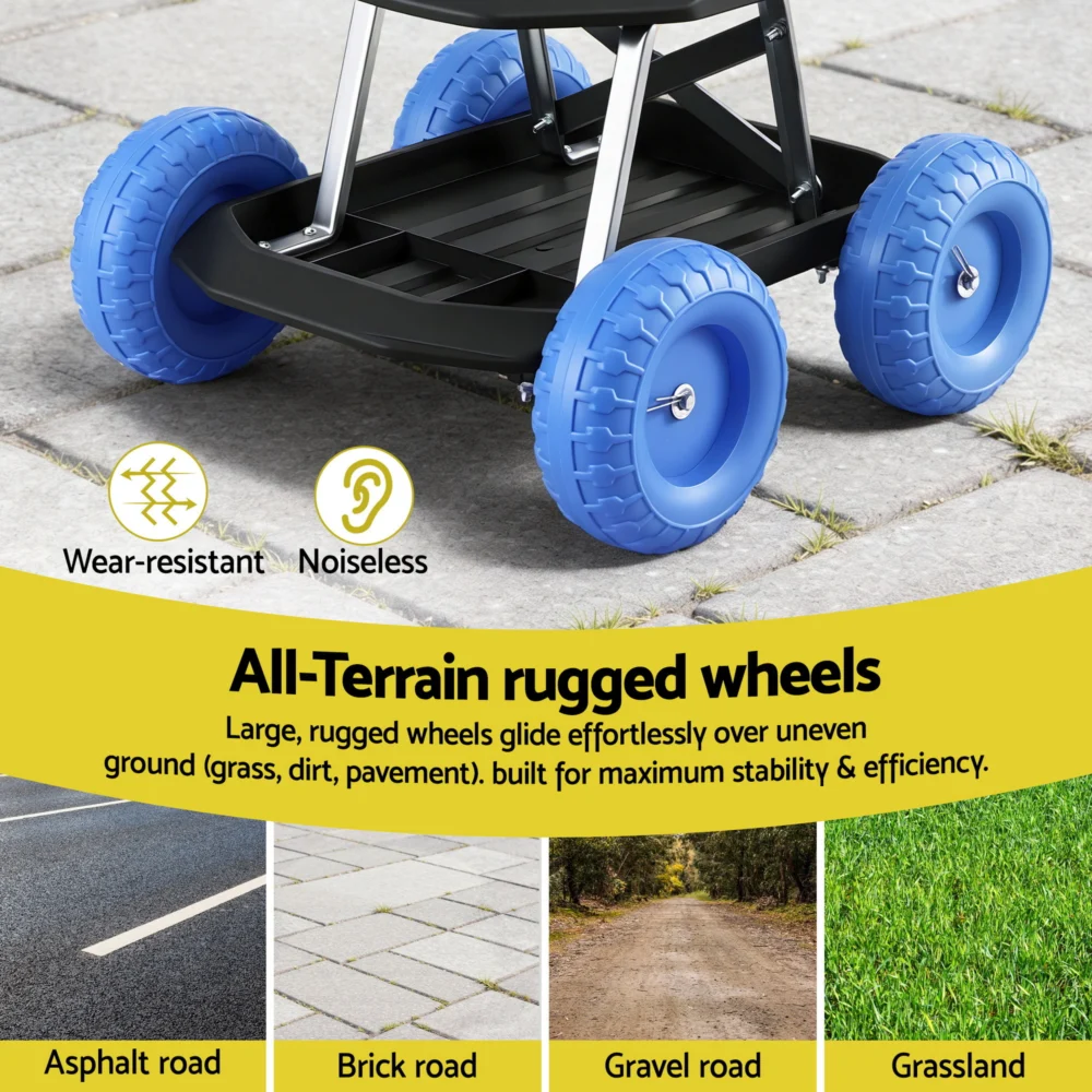 Gardeon Garden Cart Seat w/ Wheels, Rolling Work Stool w/ Tool Storage Tray