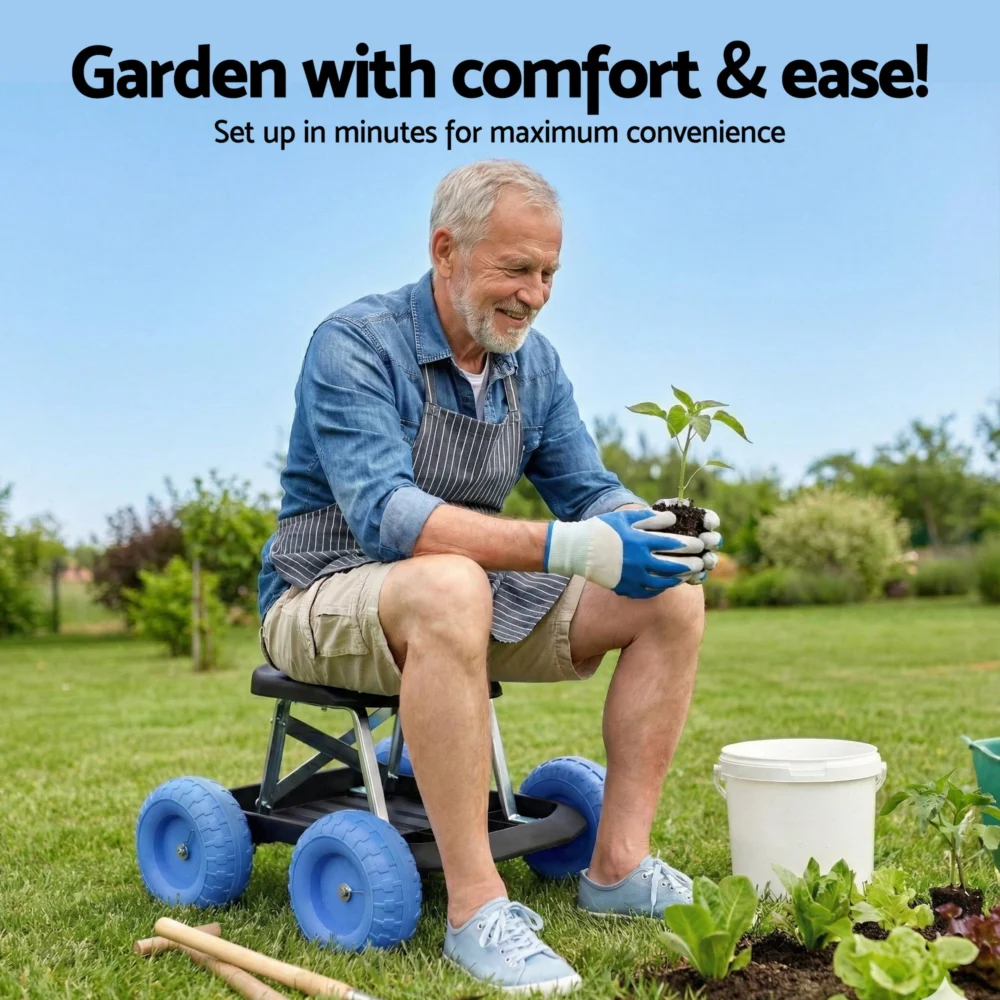 Gardeon Garden Cart Seat w/ Wheels, Rolling Work Stool w/ Tool Storage Tray