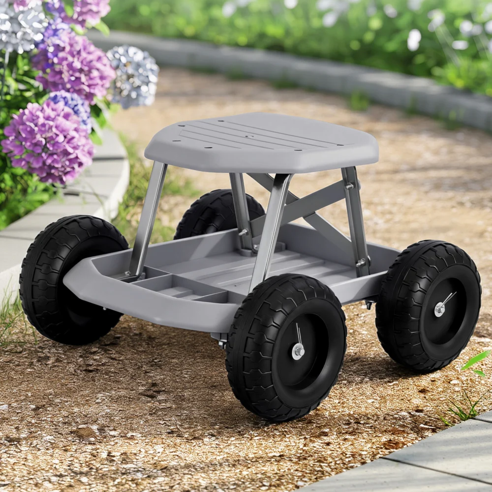 Gardeon Garden Cart Seat w/ Wheels, Rolling Work Stool w/ Tool Storage Tray