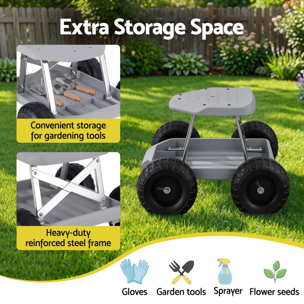 Gardeon Garden Cart Seat w/ Wheels, Rolling Work Stool w/ Tool Storage Tray