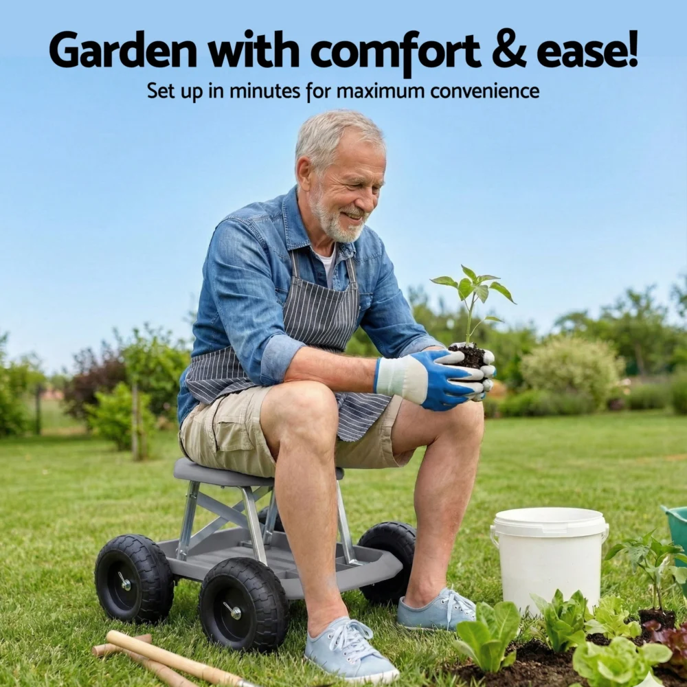 Gardeon Garden Cart Seat w/ Wheels, Rolling Work Stool w/ Tool Storage Tray