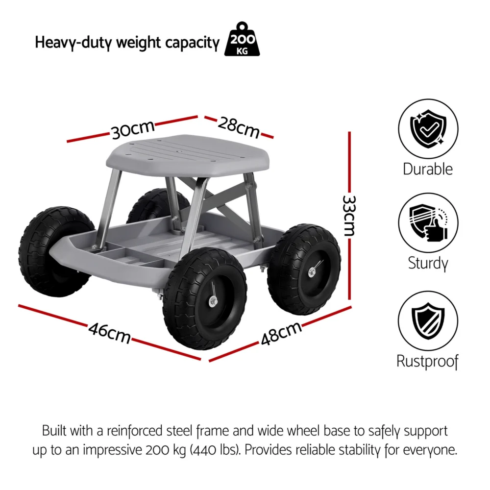 Gardeon Garden Cart Seat w/ Wheels, Rolling Work Stool w/ Tool Storage Tray