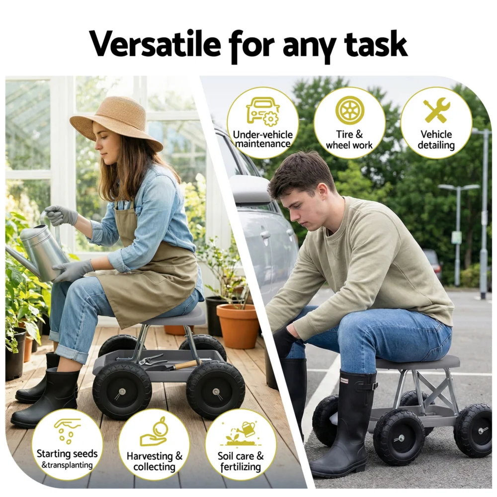 Gardeon Garden Cart Seat w/ Wheels, Rolling Work Stool w/ Tool Storage Tray