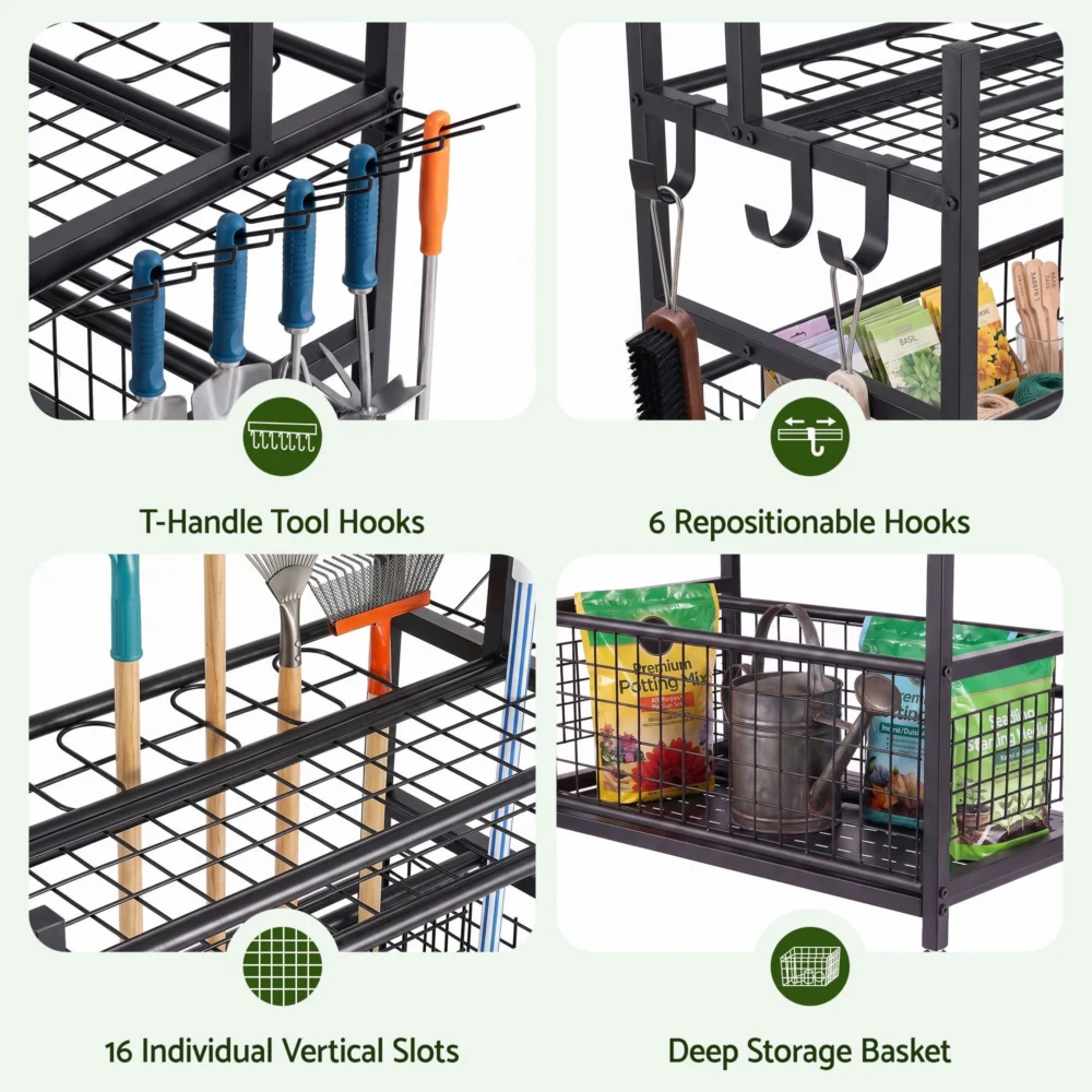 Gardeon Garden Tool Organizer Rack 16 Slots Rolling Garage Storage with Hooks