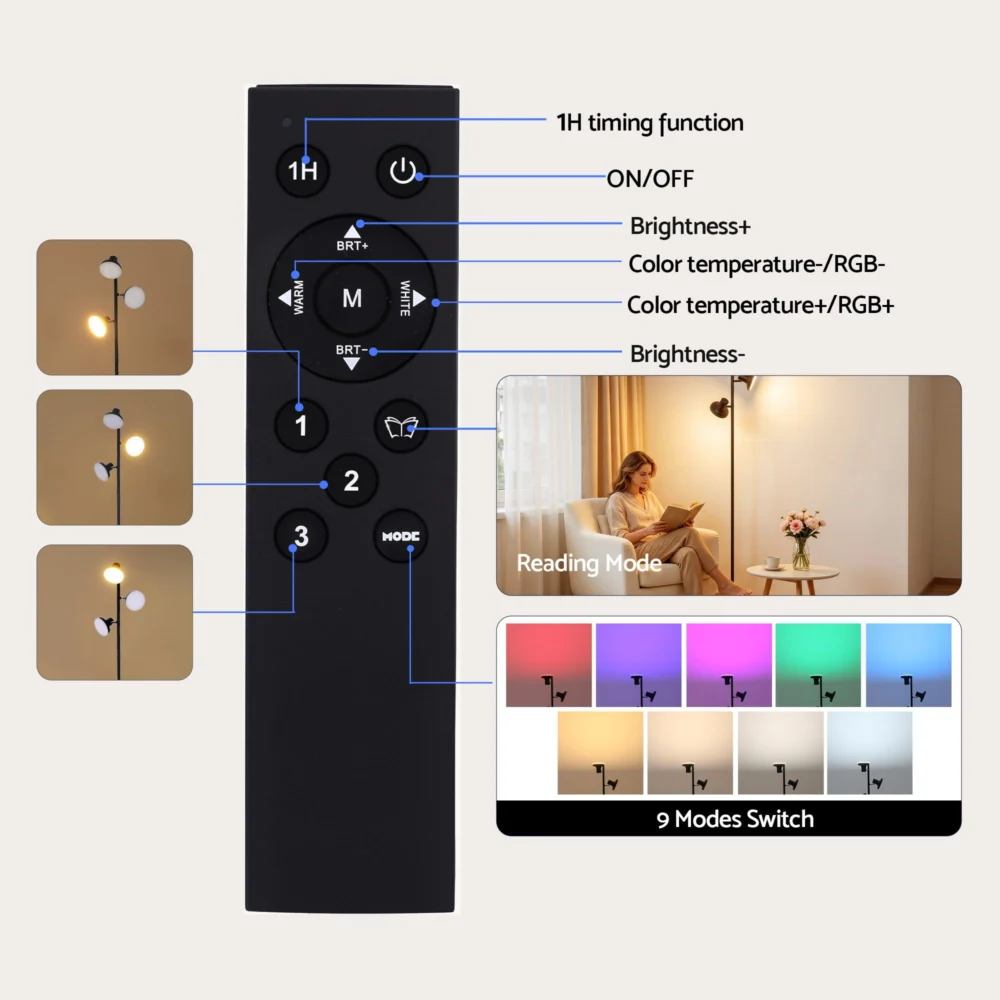 Artiss RGB Floor Lamp LED w/ 3 Swivel Lights Color Changing Lamp w/ Remote