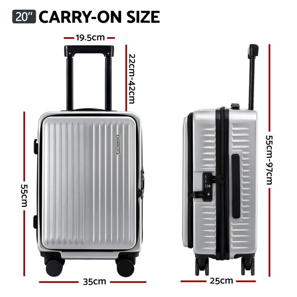Wanderlite 20" Luggage Suitcase Front Pocket Travel Carry On Dual TSA Silver