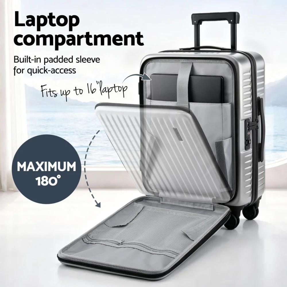 Wanderlite 20" Luggage Suitcase Front Pocket Travel Carry On Dual TSA Silver