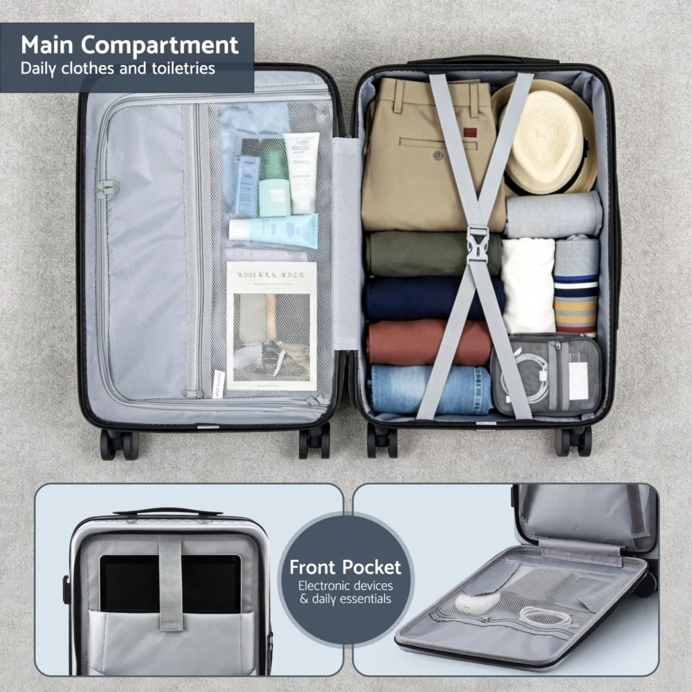 Wanderlite 20" Luggage Suitcase Front Pocket Travel Carry On Dual TSA Silver
