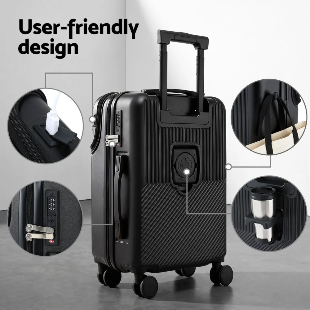 Wanderlite 20" Luggage Suitcase Front Pocket Travel Carry On TSA Black