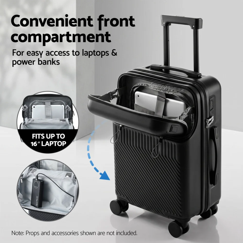 Wanderlite 20" Luggage Suitcase Front Pocket Travel Carry On TSA Black
