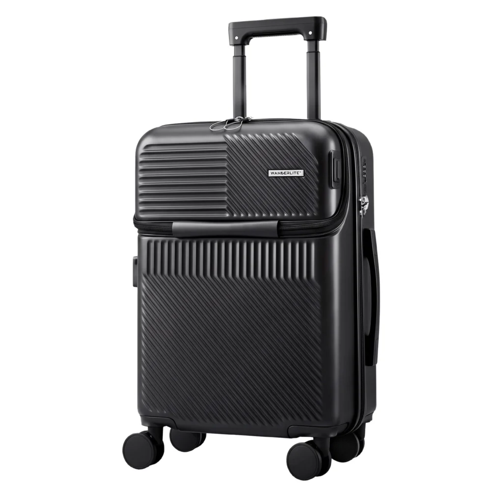 Wanderlite 20" Luggage Suitcase Front Pocket Travel Carry On TSA Black