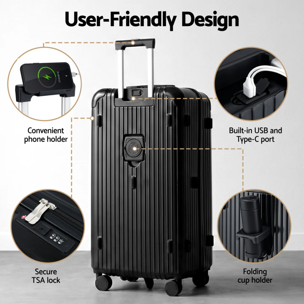 Wanderlite 28" Trunk Luggage Suitcase Travel 5 Wheels Type-C Port TSA Black