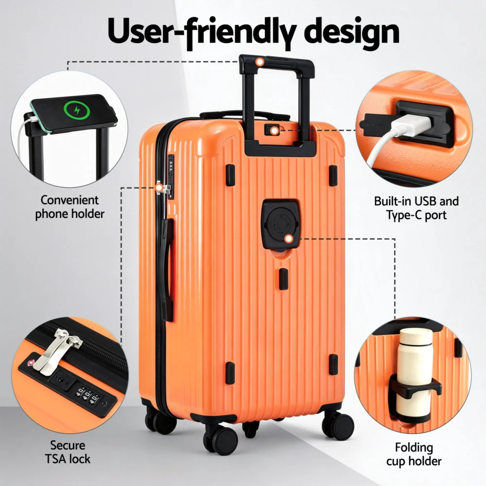 Wanderlite 28" Trunk Luggage Suitcase Travel 5 Wheels Type-C Port TSA Orange