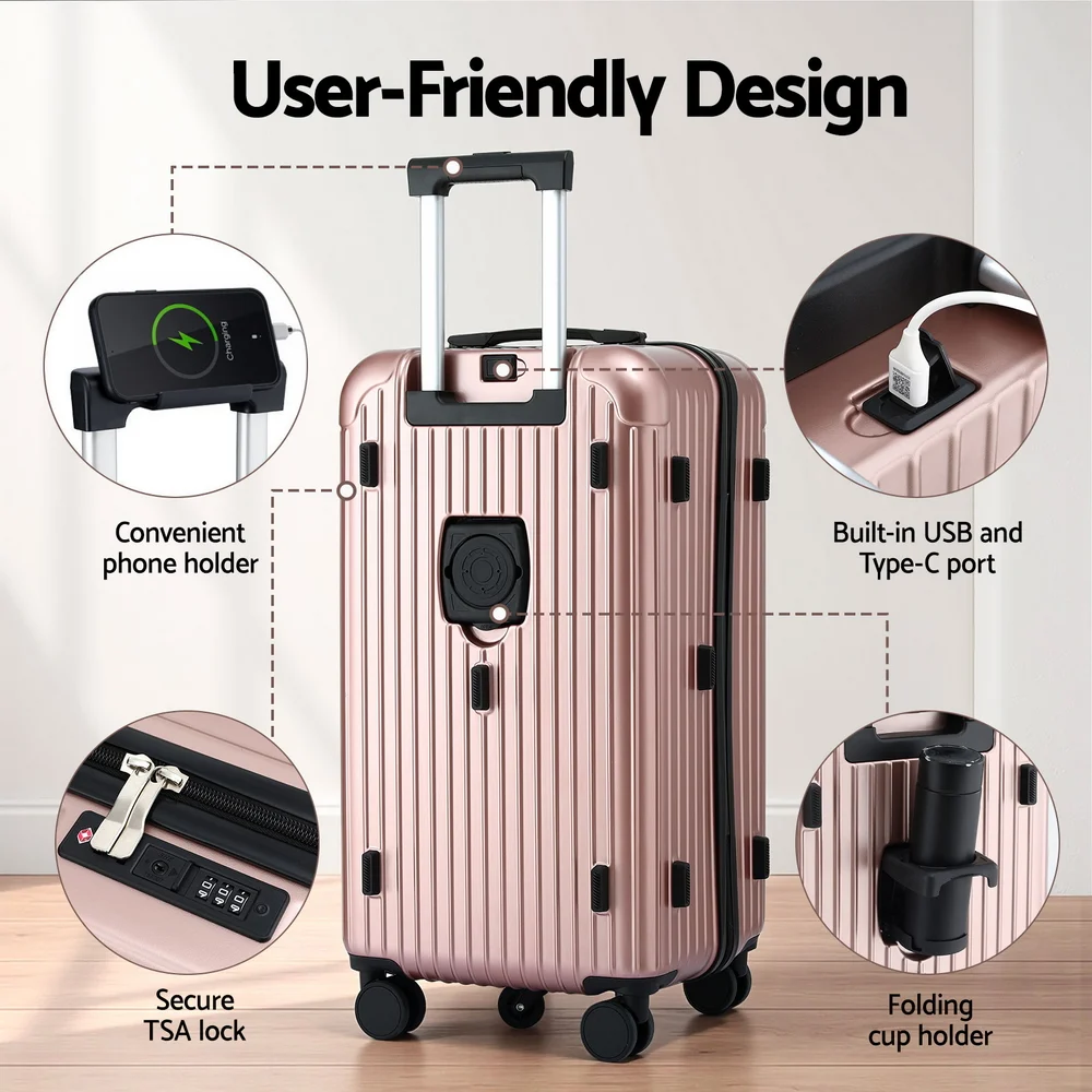 Wanderlite 28" Trunk Luggage Suitcase Travel 5 Wheels Type-C Port TSA Rose Gold