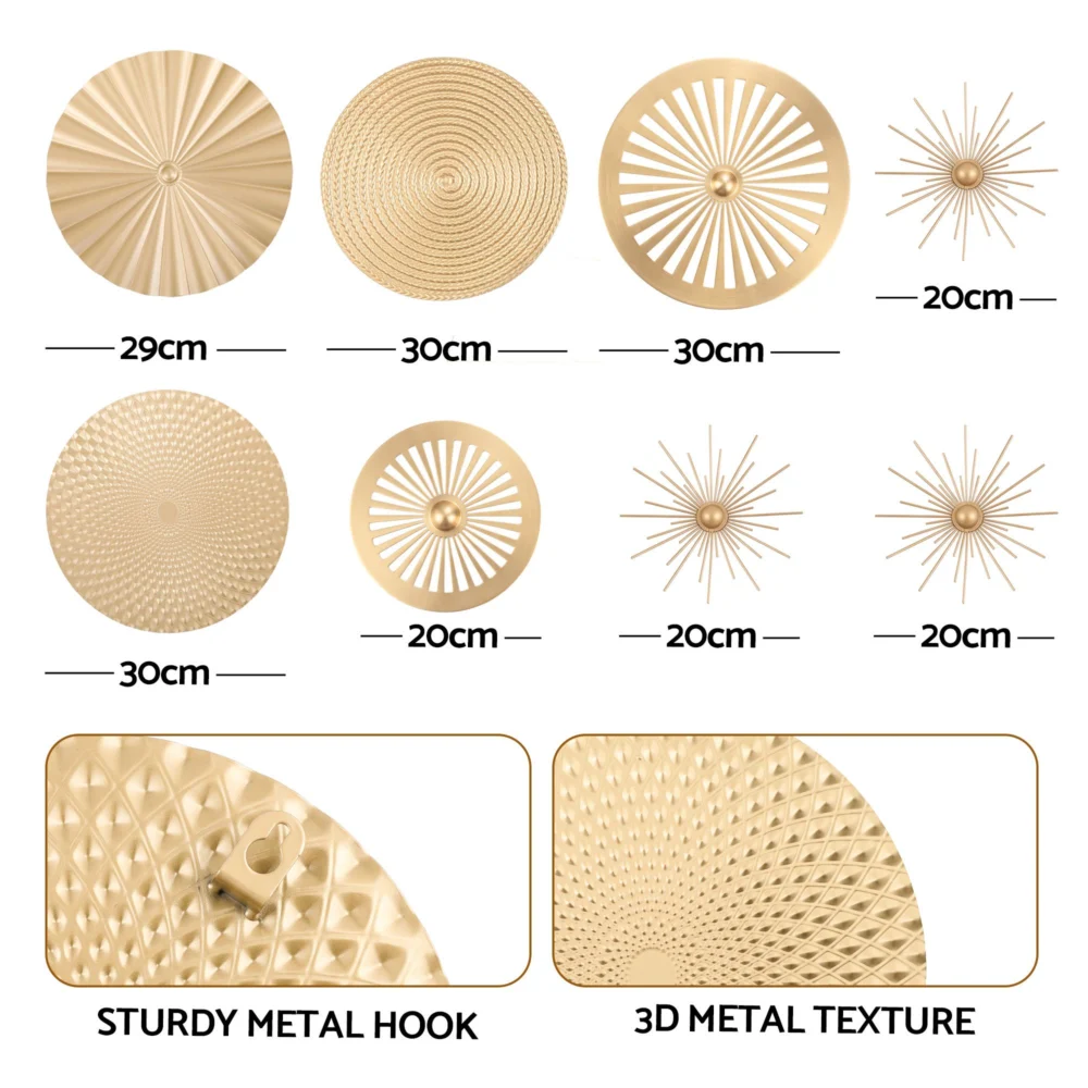 Artiss 8 pc Gold Metal Wall Decor Set 3D Starburst Round Disc Sculptures