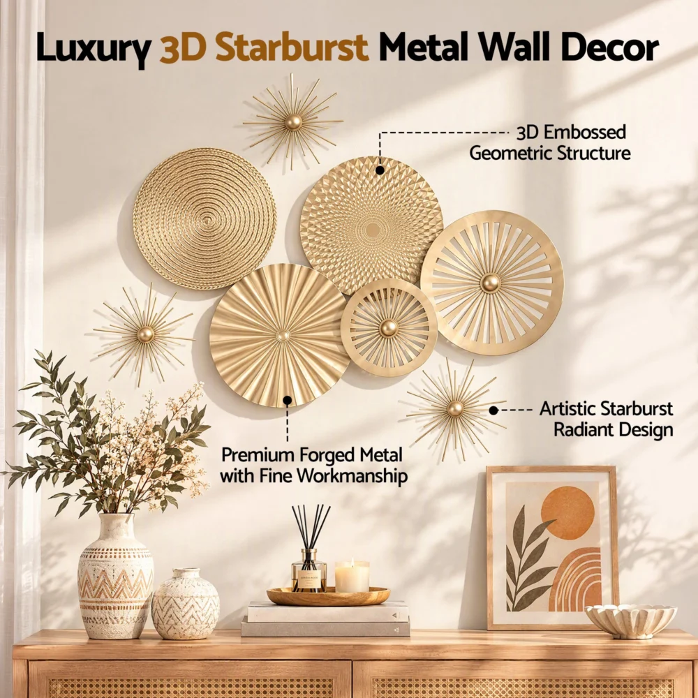 Artiss 8 pc Gold Metal Wall Decor Set 3D Starburst Round Disc Sculptures