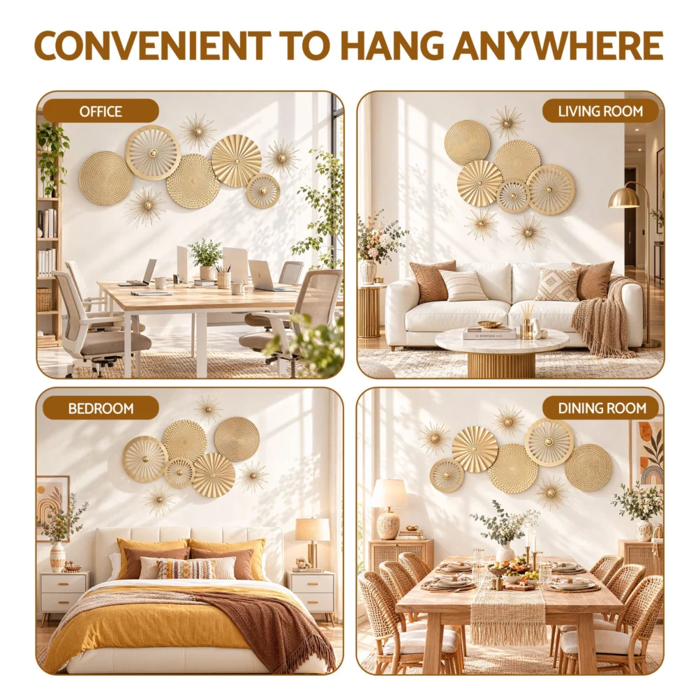 Artiss 8 pc Gold Metal Wall Decor Set 3D Starburst Round Disc Sculptures