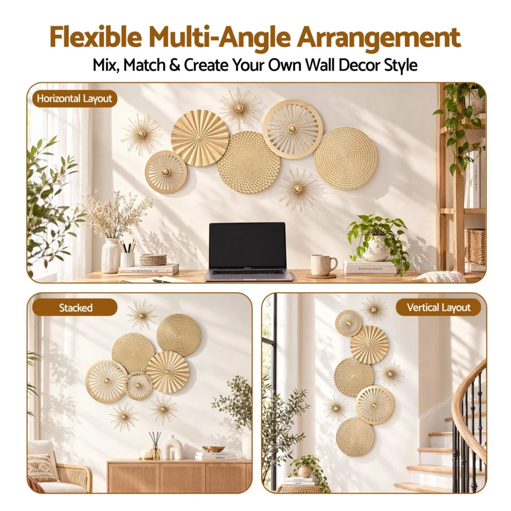 Artiss 8 pc Gold Metal Wall Decor Set 3D Starburst Round Disc Sculptures