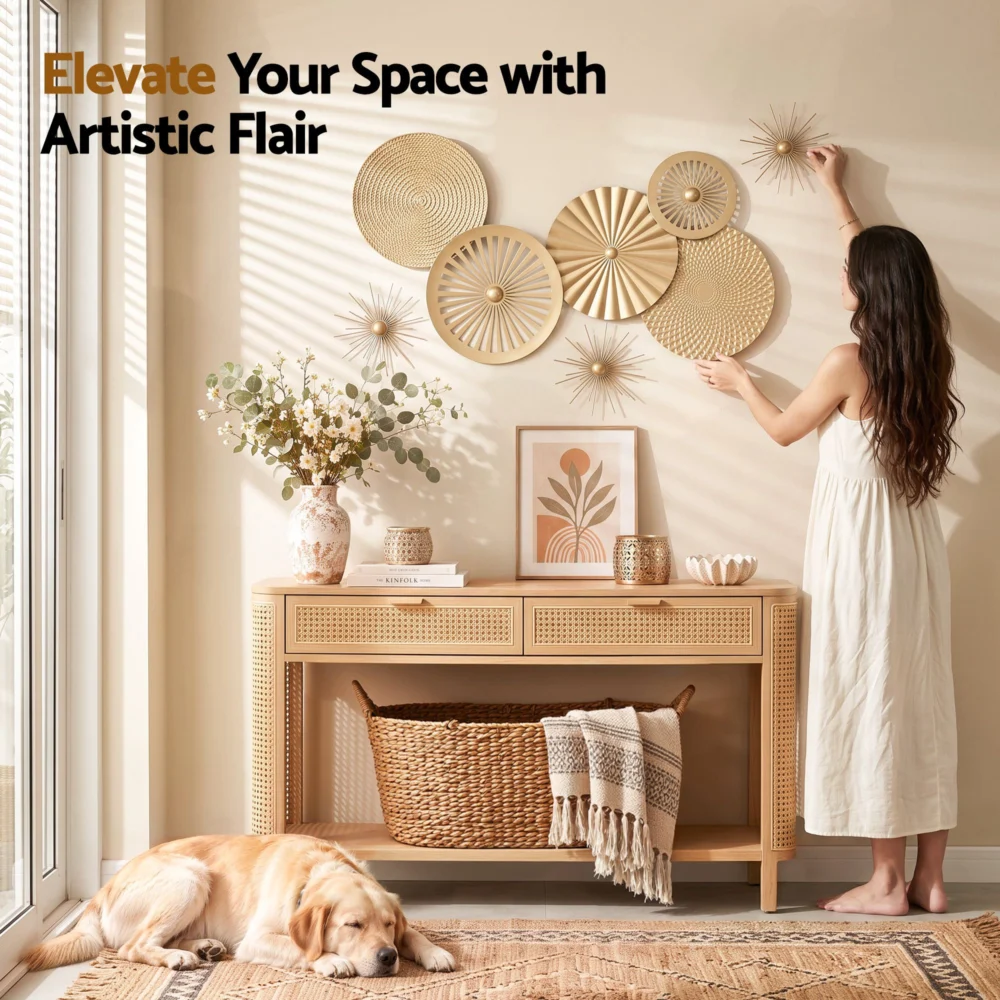 Artiss 8 pc Gold Metal Wall Decor Set 3D Starburst Round Disc Sculptures