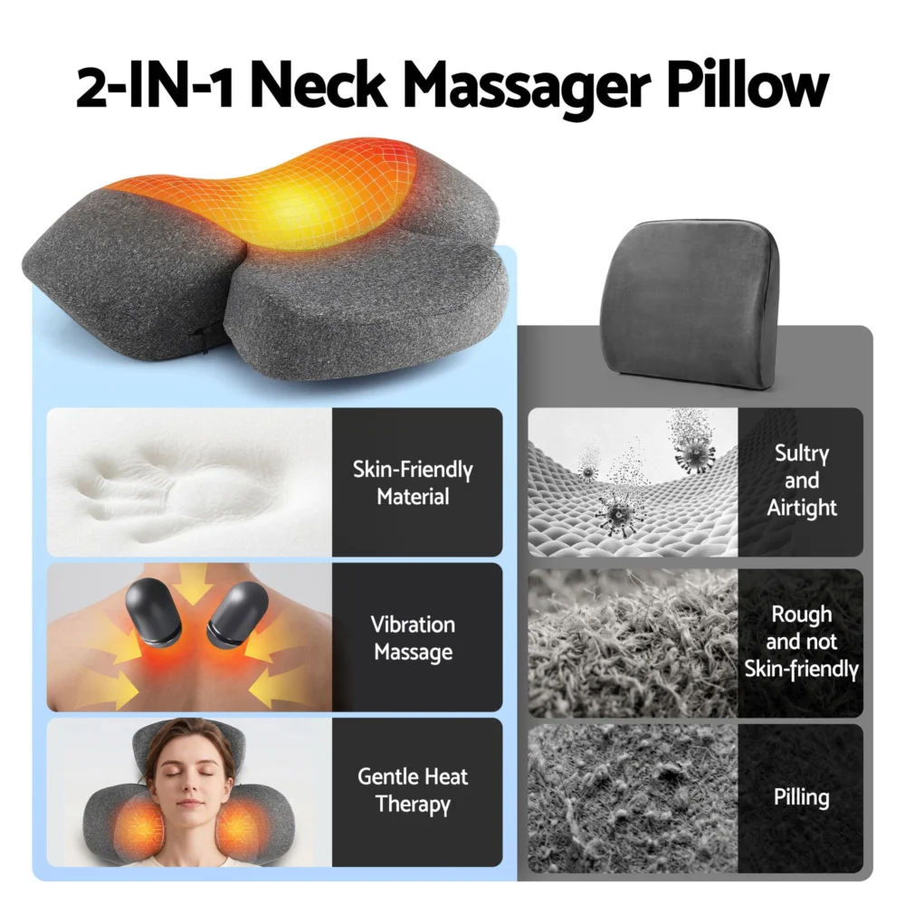 Livemor 2-in-1 Neck Massager Pillow w/ Heat, Memory Foam Cervical Support for