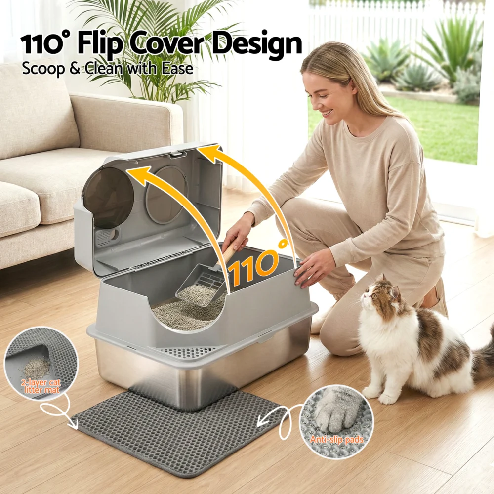 i.Pet Cat Litter Box Large Stainless Steel High Sided Pet Toilet Odour Control