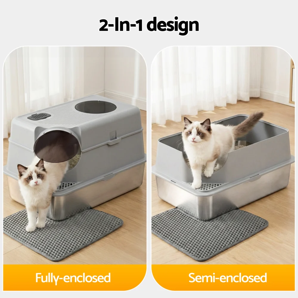 i.Pet Cat Litter Box Large Stainless Steel High Sided Pet Toilet Odour Control