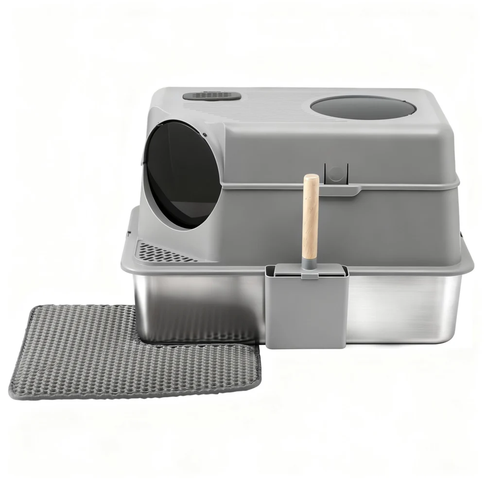 i.Pet Cat Litter Box Large Stainless Steel High Sided Pet Toilet Odour Control